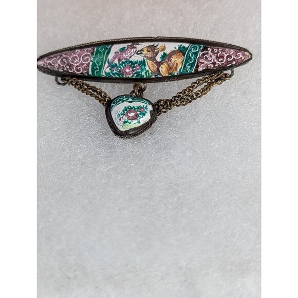 Very old Vintage Chatelaine approx 1930 Hand painted 2 x 1.25"Deer + bird Heart - Picture 1 of 4